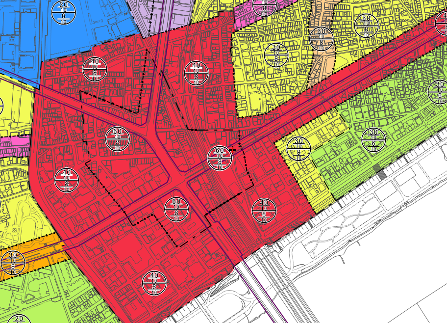 商業地域が多くを占める十三駅周辺の都市計画図
